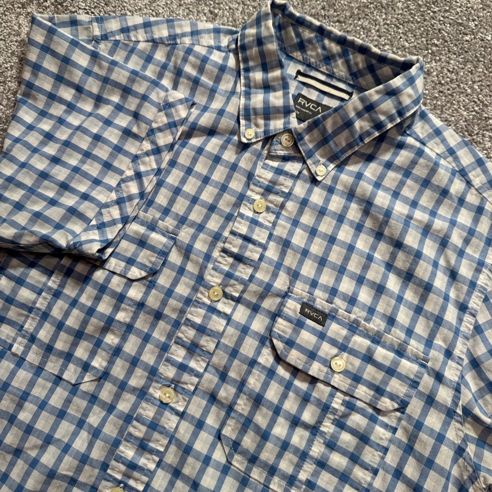 RVCA Shirt Mens Medium Blue Gingham Cotton Slim Fit Casual Skater Y2K Minimal